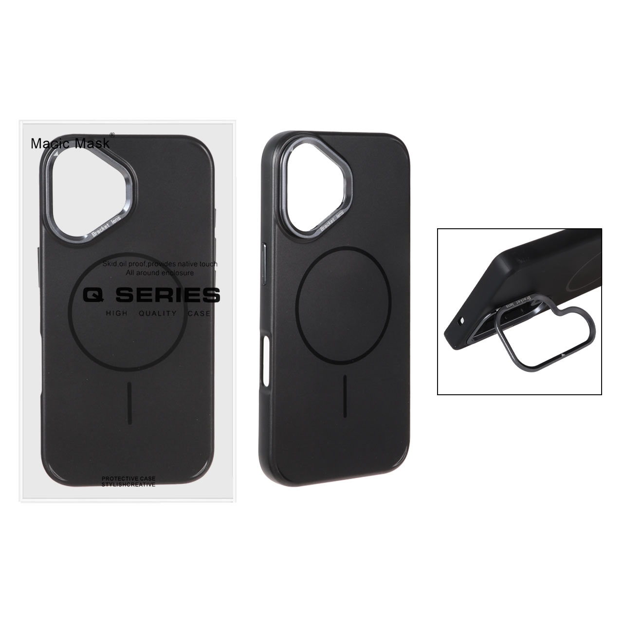 قاب گوشی Bracket Lens Q Series لنز آلومینیومی استندشو MagSafe مدل iPhone 16 - مشکی